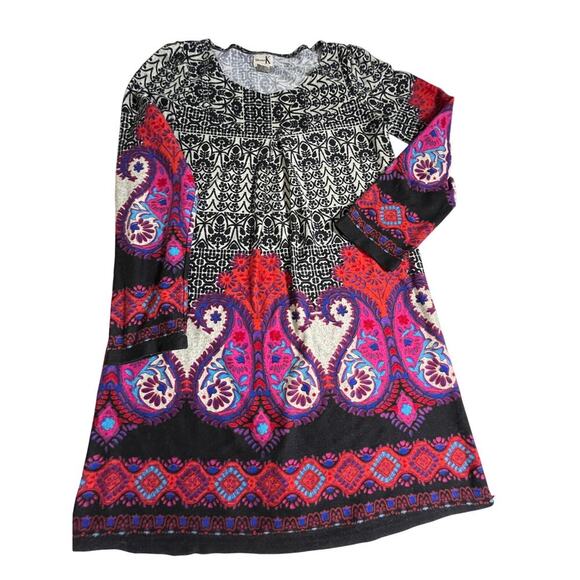 Y2K Boho Paisley Tunic Dress L Black Red Purple Long Sleeve Empire Waist Retro - Picture 7 of 11